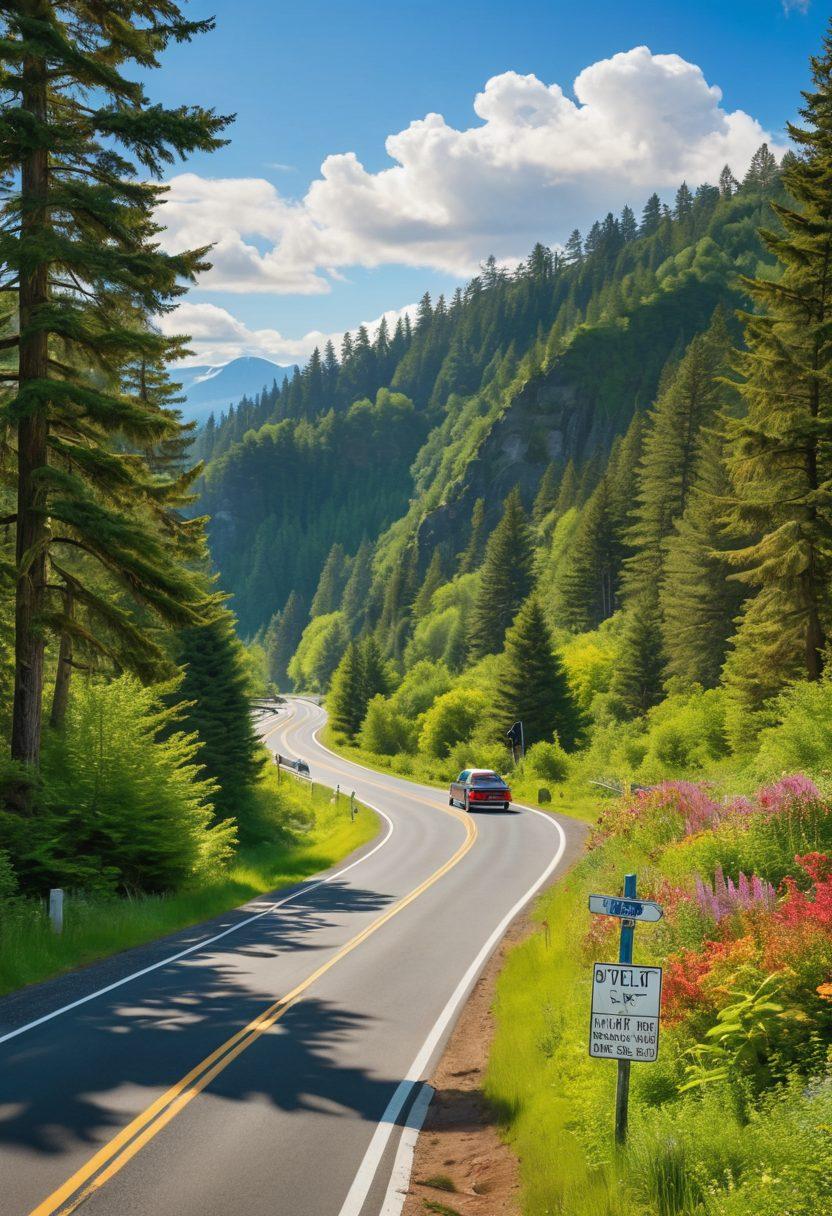 A serene road winding through lush green landscapes of Washington, dotted with cheerful drivers enjoying their journeys. Incorporate a signpost indicating ‘Joyful Journeys’ and elements like a car, a friendly driving instructor, and scenic views symbolizing mastery over driving credentials. Bright blue skies and vibrant foliage enhance the optimism of the scene. super-realistic. vibrant colors. white background.