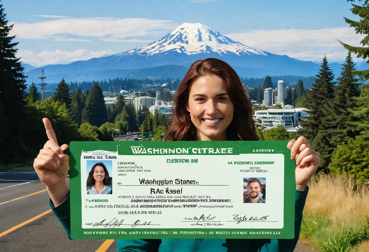A scenic view of Washington State, featuring lush green forests and majestic mountains, with a cheerful person holding a Washington State driver's license, smiling with excitement. In the background, incorporate iconic landmarks like the Space Needle and Puget Sound, creating a sense of adventure and joy. Bright colors to evoke happiness and satisfaction. super-realistic. vibrant colors.