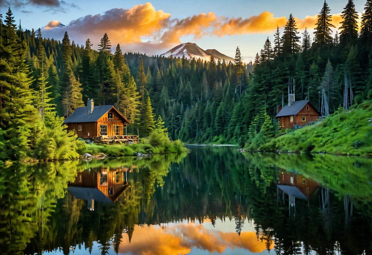 A serene landscape of Washington State featuring lush evergreen forests, rolling hills, and a tranquil lake reflecting the sky. A winding path through the trees leads to a cozy cabin with smoke curling from the chimney, symbolizing contentment. Include silhouettes of people hiking and enjoying nature, promoting a sense of peace and fulfillment. super-realistic. vibrant colors. panoramic view.